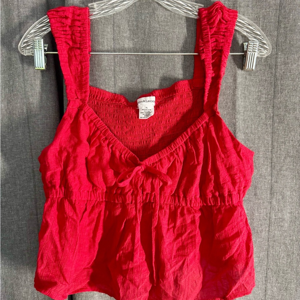 Babydoll smocked cropped tank top bowtie gauze V-neck Bow Tie Corral Red Y2K XL